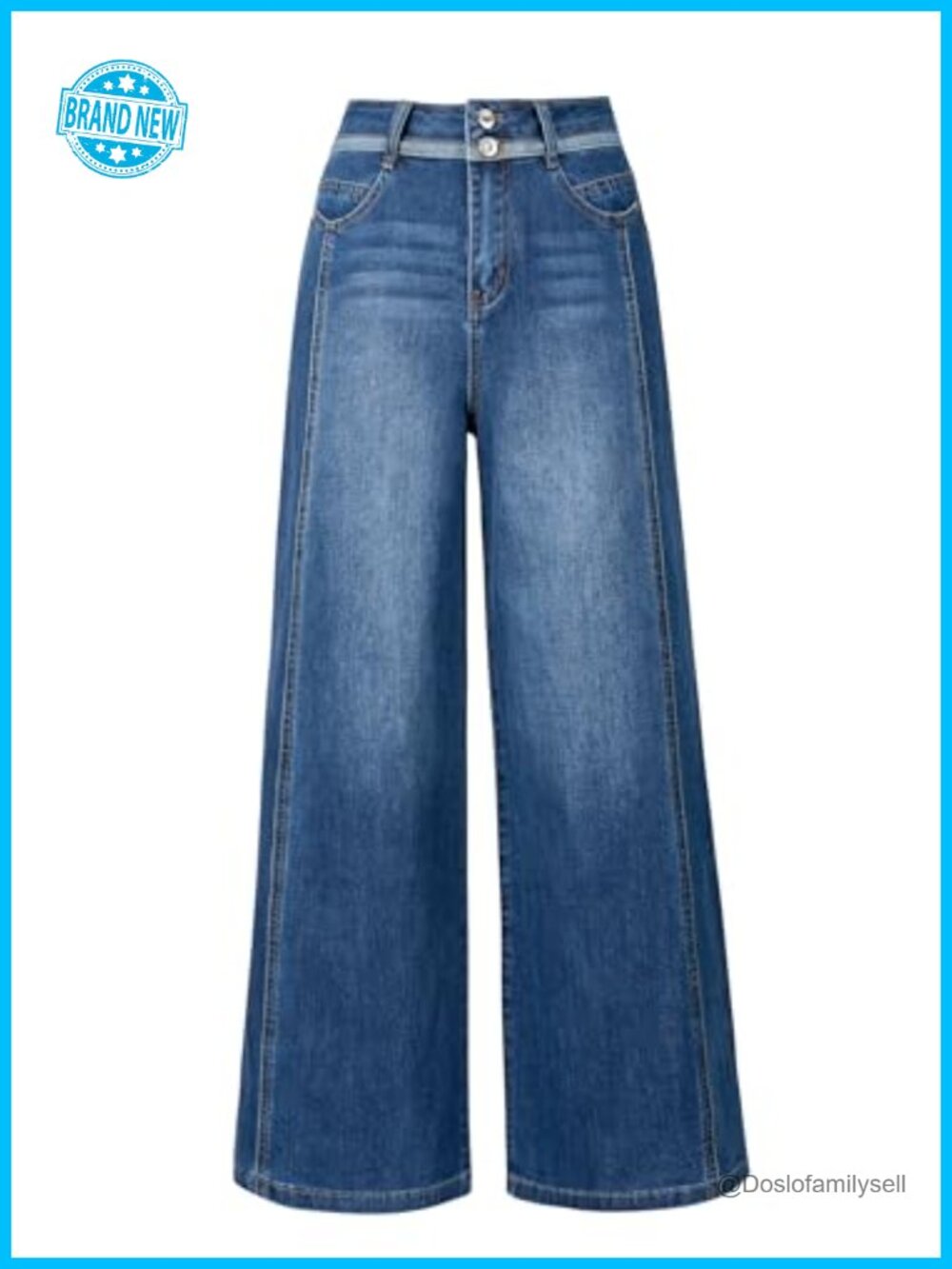 High Rise Wide Leg Jeans Stretch Cotton Blend Dual Button Closure